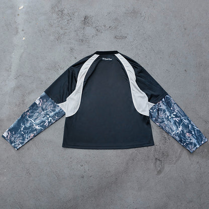 HUILI HDK Varsity Jersey - Black Gray Camo Fake Two-Piece Long Sleeve Born for Glory Y2K Streetwear