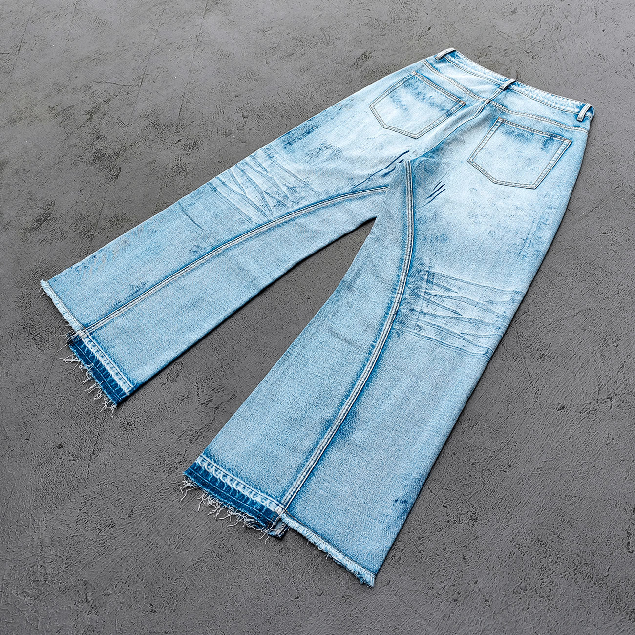 Wide Leg Jeans - Light Blue Acid Wash Side Three Stripe Ripped Distressed Frayed Hem Y2K Streetwear