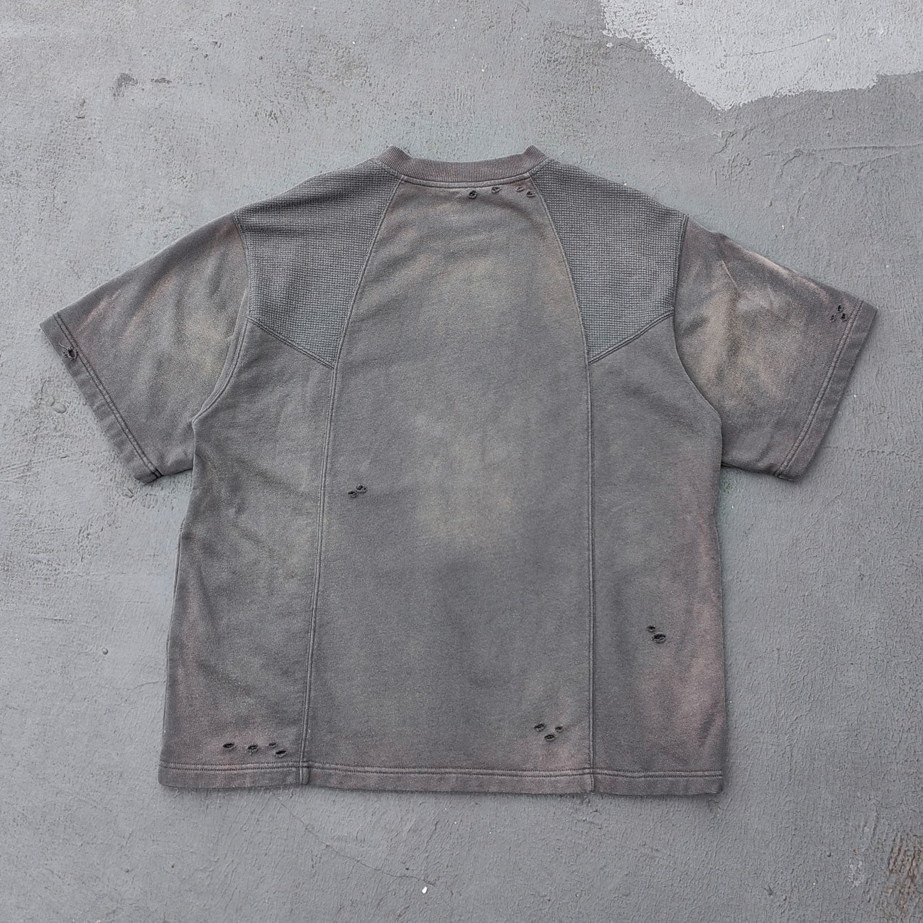 Waffle Panel T-Shirt - Dark Gray Acid Wash Ripped Distressed HDK Logo Y2K Streetwear