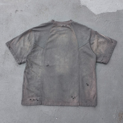 Waffle Panel T-Shirt - Dark Gray Acid Wash Ripped Distressed HDK Logo Y2K Streetwear