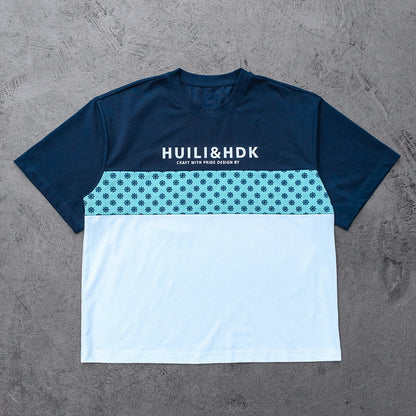 Y2K Panel Tee - Navy Blue Light Blue Floral White Color Block HUILI HDK Print Oversized