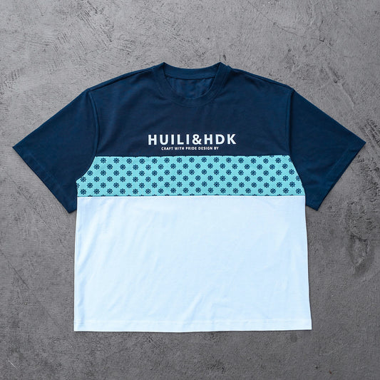 Y2K Panel Tee - Navy Blue Light Blue Floral White Color Block HUILI HDK Print Oversized