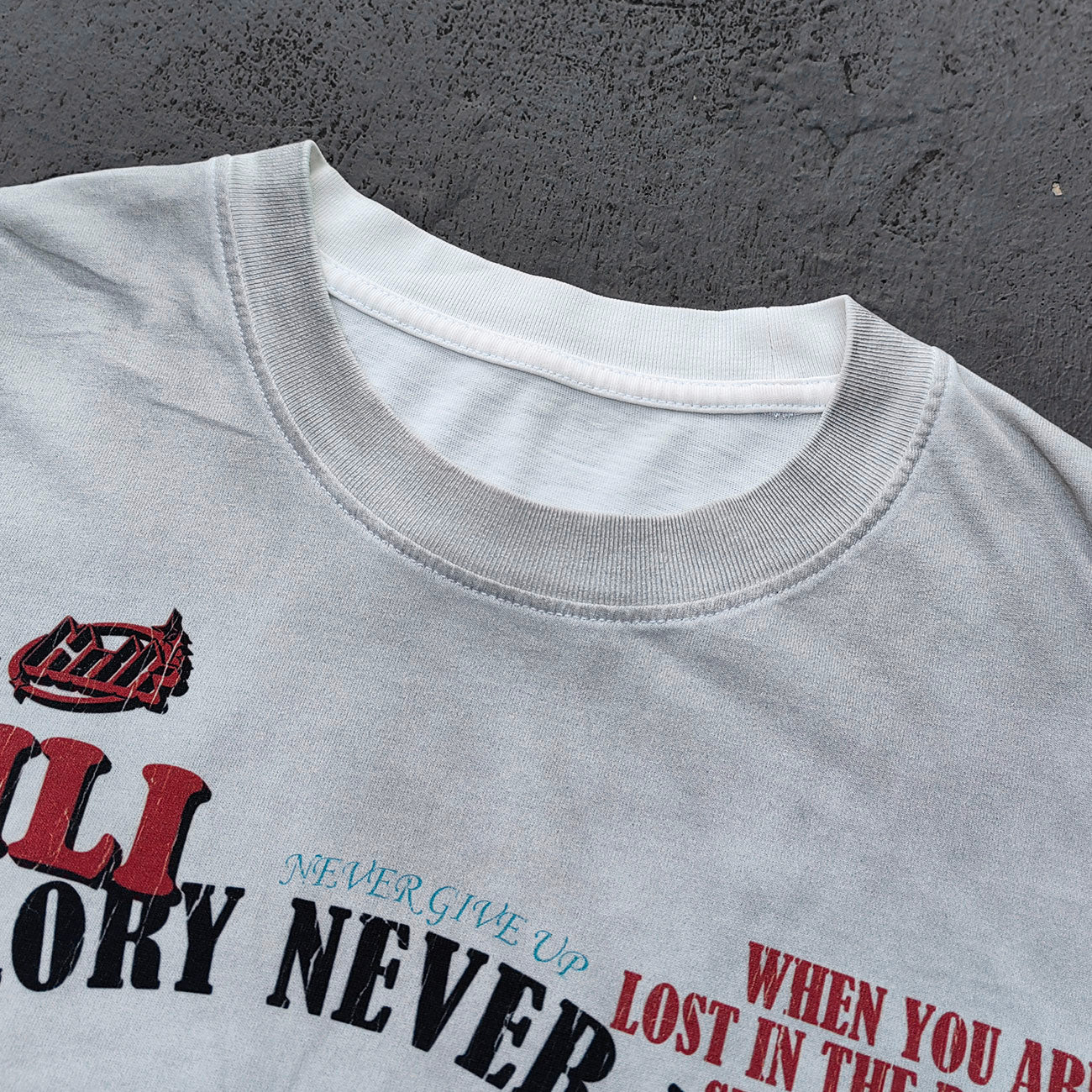 Y2K Gothic T-Shirt - White Distressed Wash HUILI HDK Print Nun Demon Collage GLORY NEVER DIES Oversized Boxy