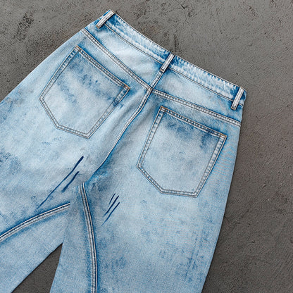 Wide Leg Jeans - Light Blue Acid Wash Side Three Stripe Ripped Distressed Frayed Hem Y2K Streetwear