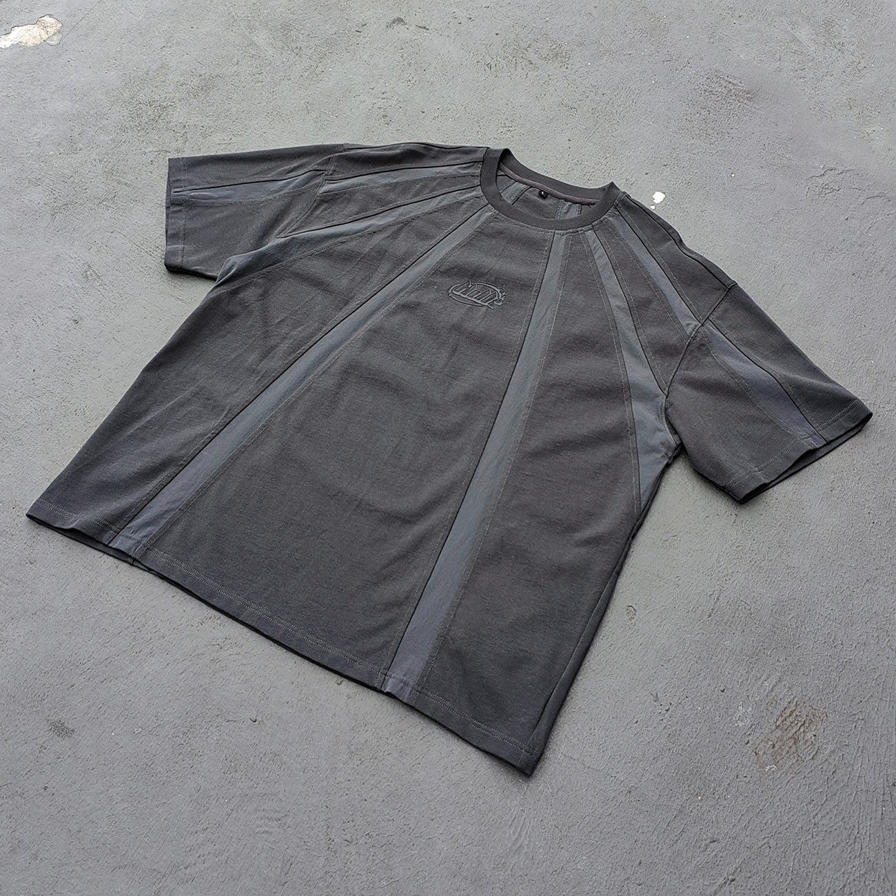 Deconstructed Panel T-Shirt - Dark Gray Structural HDK Logo Contrast Stitch Y2K Streetwear