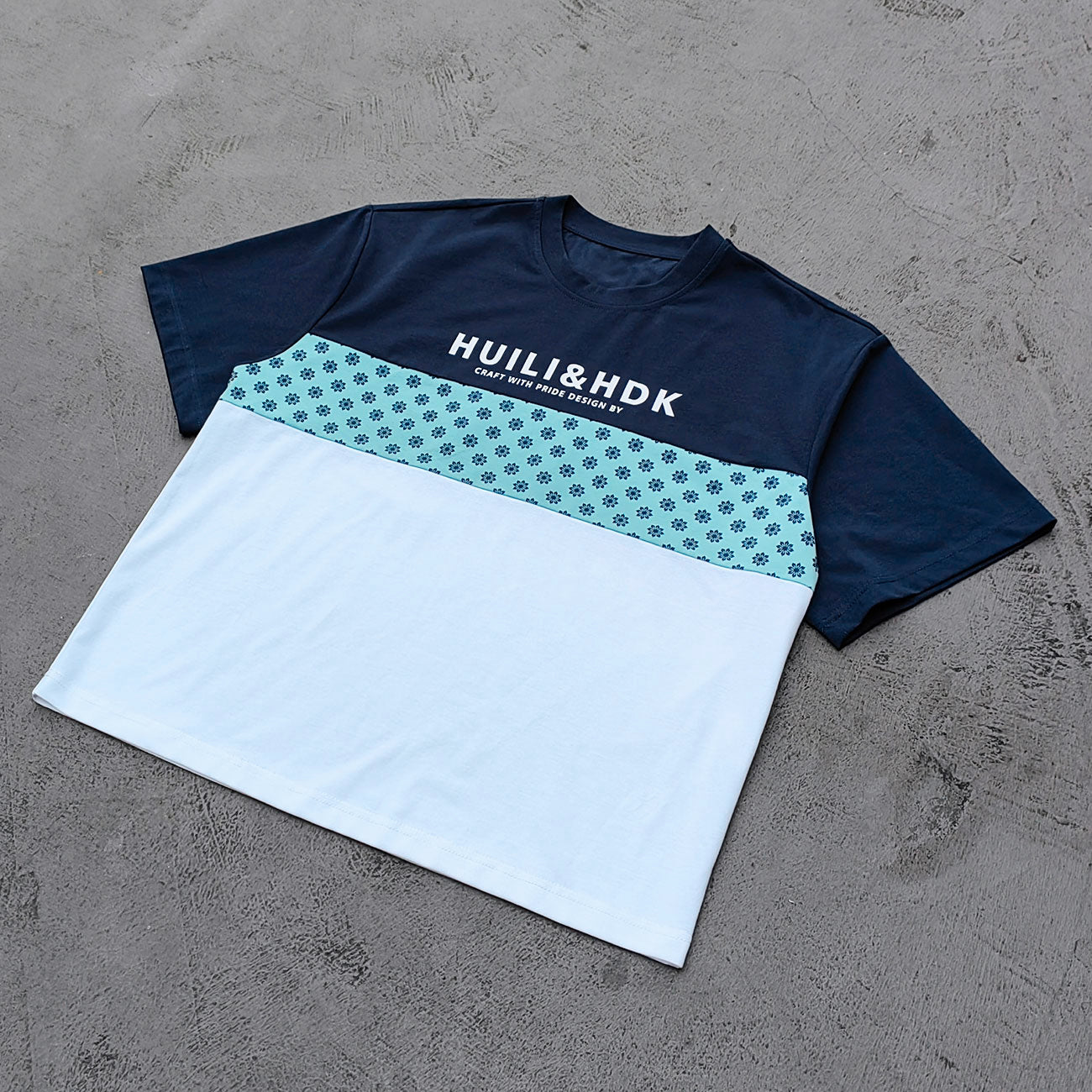 Y2K Panel Tee - Navy Blue Light Blue Floral White Color Block HUILI HDK Print Oversized