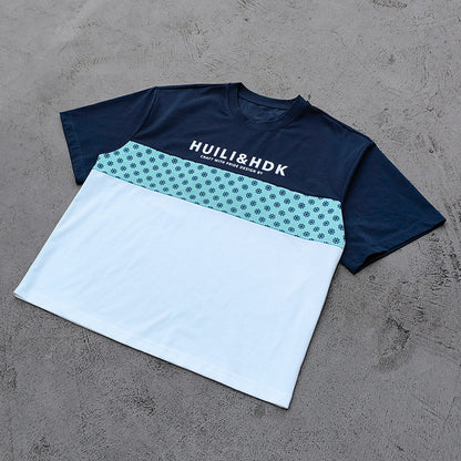 Y2K Panel Tee - Navy Blue Light Blue Floral White Color Block HUILI HDK Print Oversized