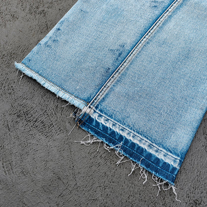 Wide Leg Jeans - Light Blue Acid Wash Side Three Stripe Ripped Distressed Frayed Hem Y2K Streetwear