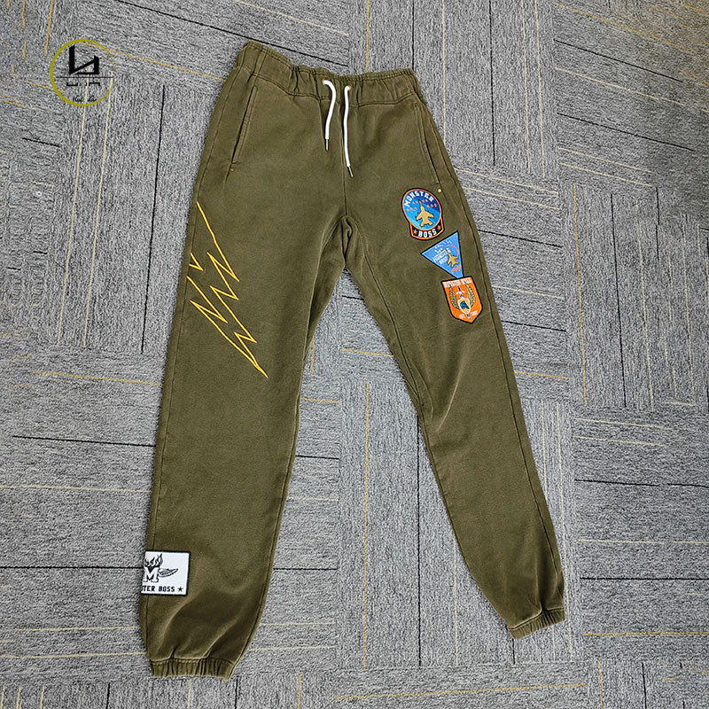 HUILI FACTORY vintage custom streetwear acid wash cotton army green applique embroidery Pants
