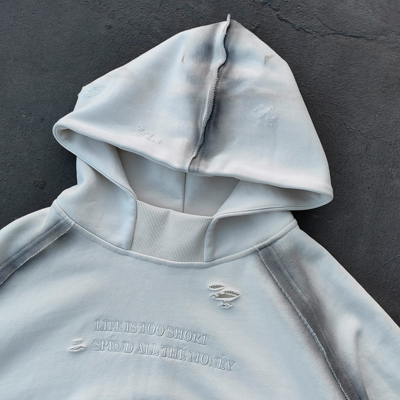 Distressed Deconstructed Hoodie - Life is Too Short Embroidery Y2K Streetwear
