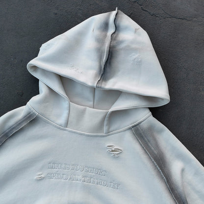 Distressed Deconstructed Hoodie - Life is Too Short Embroidery Y2K Streetwear