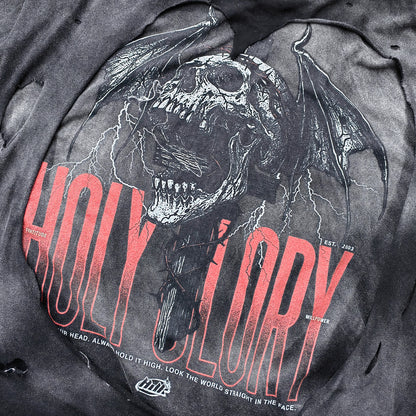 Y2K Black Distressed Tee - Holy Glory Winged Skull Lightning Big Logo Print Dirty Wash Inside Out Ripped Gothic Streetwear