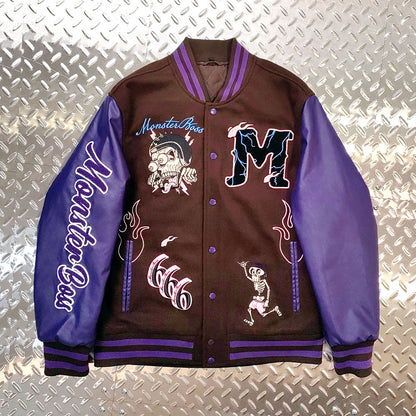 custom logo chenille embroidery letterman varsity jacket with leather sleeves