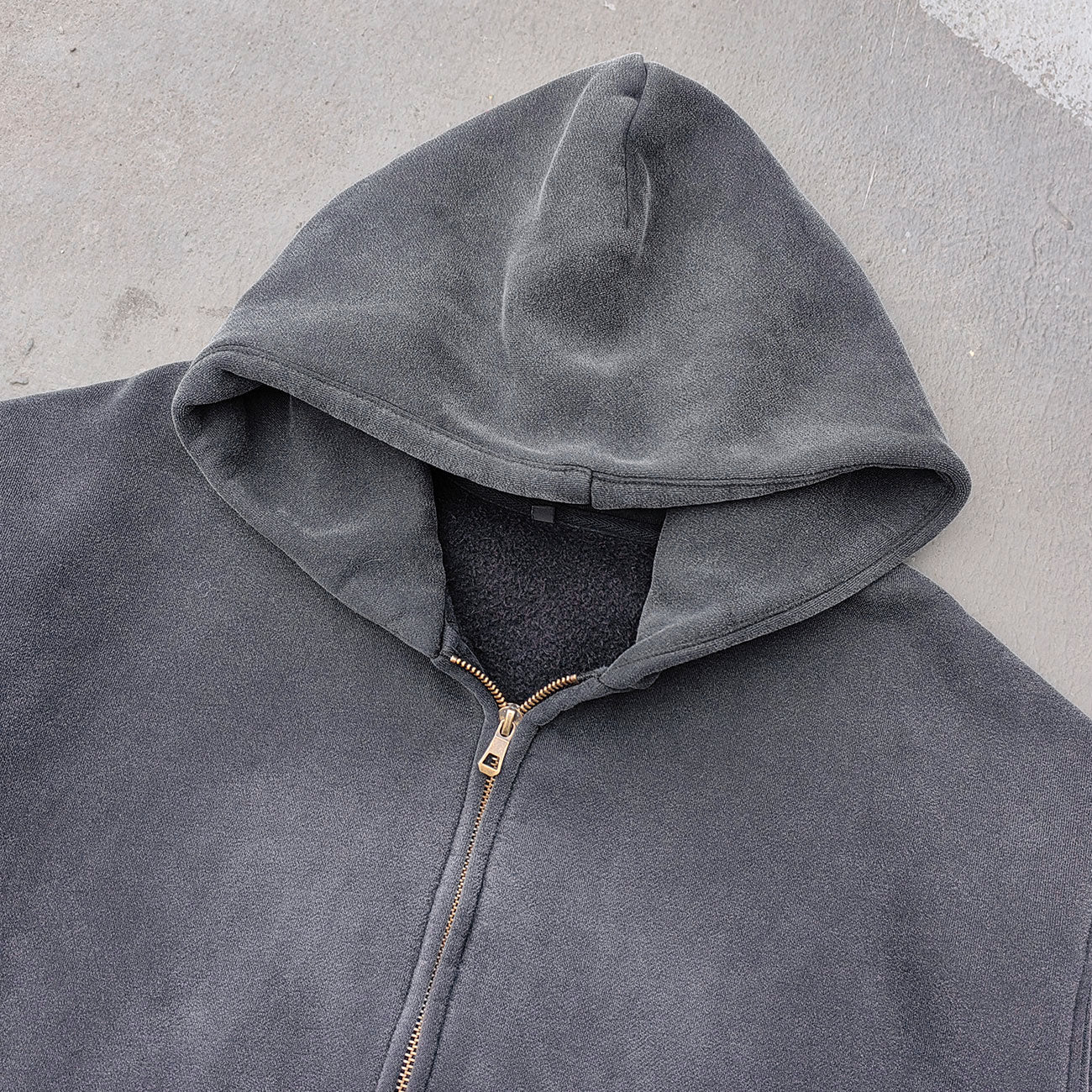 Black Vintage Wash Hoodie - Brass Zipper Full Zip Cropped Boxy Y2K Oversized
