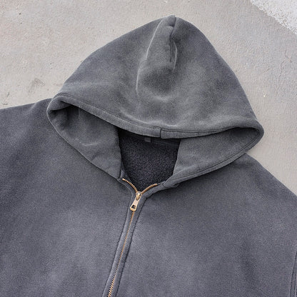 Black Vintage Wash Hoodie - Brass Zipper Full Zip Cropped Boxy Y2K Oversized