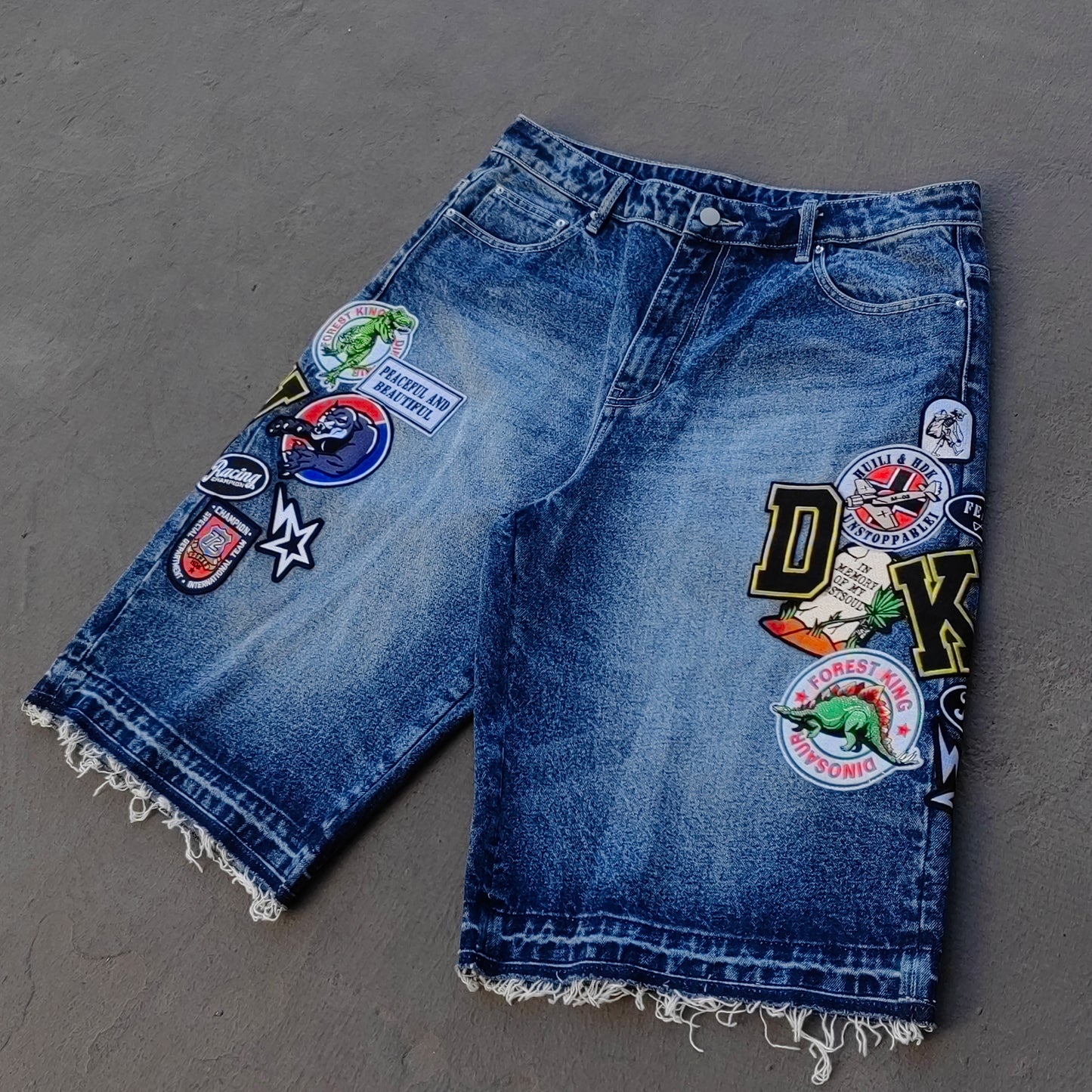 Vintage Patch Denim Shorts - Distressed Y2K Baggy Jean Jorts
