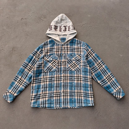 Gothic Embroidered Hooded Flannel - Blue Plaid Rhinestone Snap Button Shacket