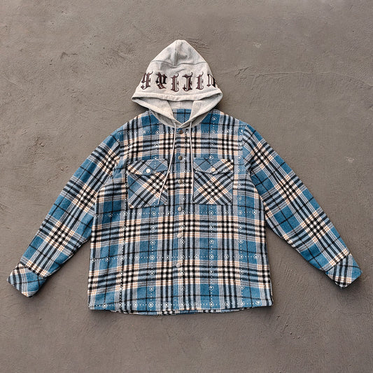 Gothic Embroidered Hooded Flannel - Blue Plaid Rhinestone Snap Button Shacket