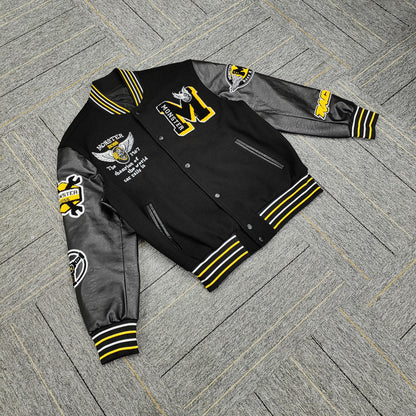 FACTORY streetwear custom applique embroidery Y2K leather sleeve varsity jacket