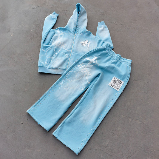 Light Blue Rhinestone Chain Tracksuit - Y2K Gradient Wash Matching Set