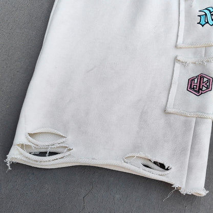 Gothic Letter Patch Sweatpants - White Distressed Multi Color Y2K Streetwear