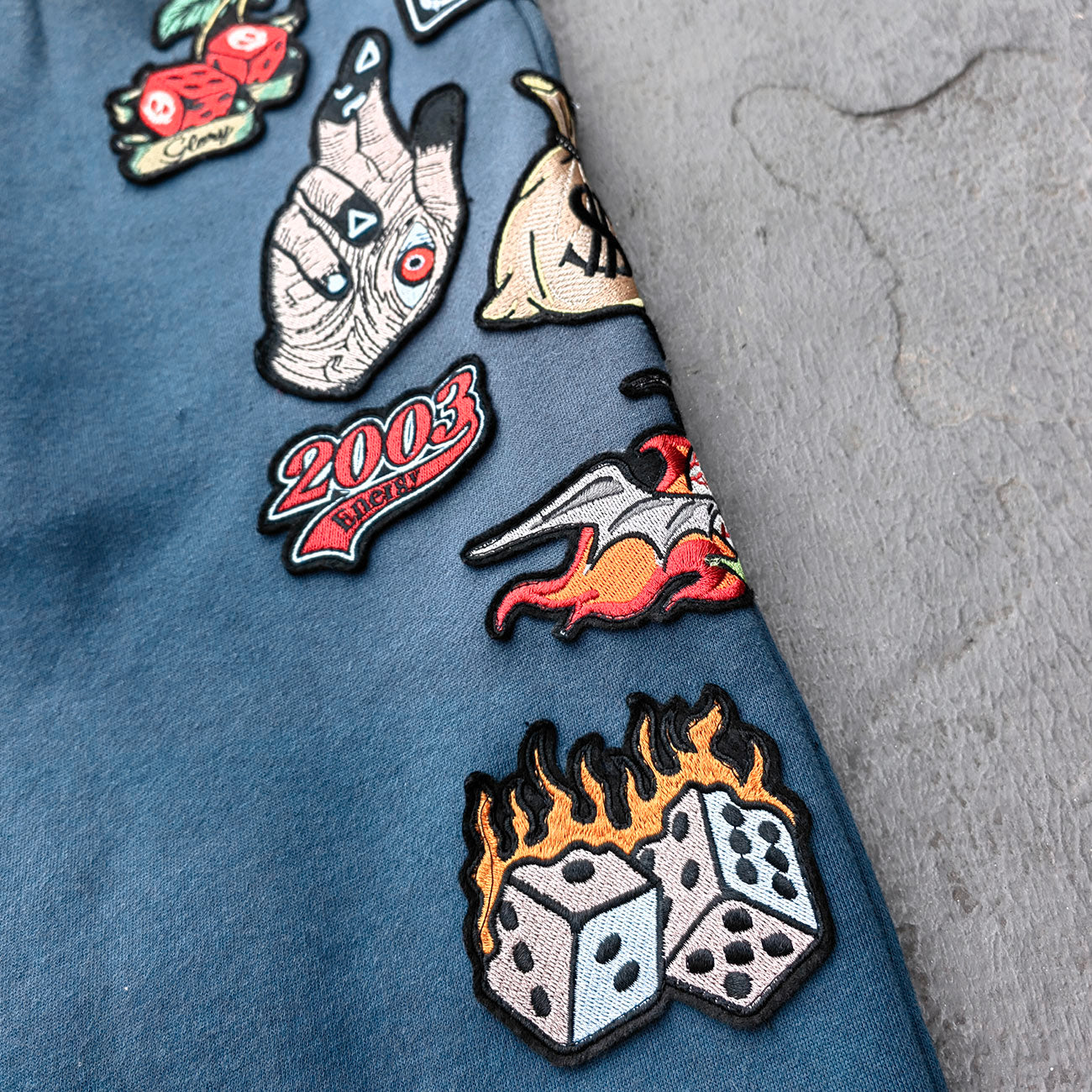 Gray Blue Glory Patch Pants - Multi Badge Embroidered Acid Wash Wide Leg Drawstring Y2K Oversized