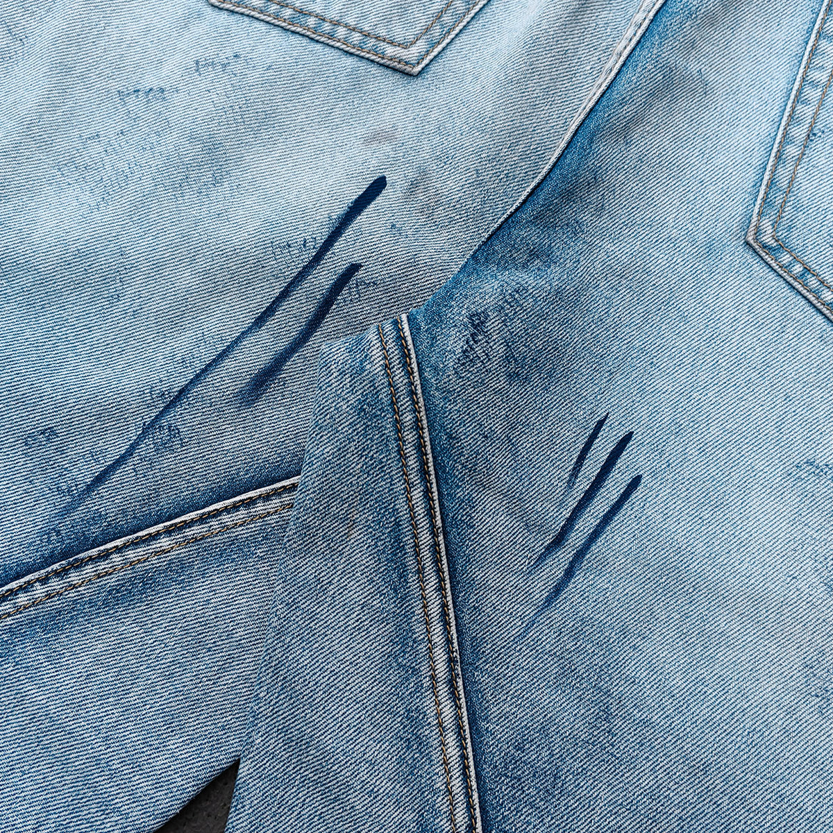 Wide Leg Jeans - Light Blue Acid Wash Side Three Stripe Ripped Distressed Frayed Hem Y2K Streetwear