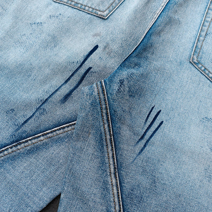 Wide Leg Jeans - Light Blue Acid Wash Side Three Stripe Ripped Distressed Frayed Hem Y2K Streetwear