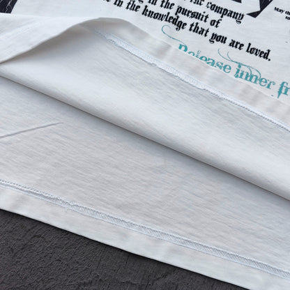 Y2K Gothic T-Shirt - White Distressed Wash HUILI HDK Print Nun Demon Collage GLORY NEVER DIES Oversized Boxy