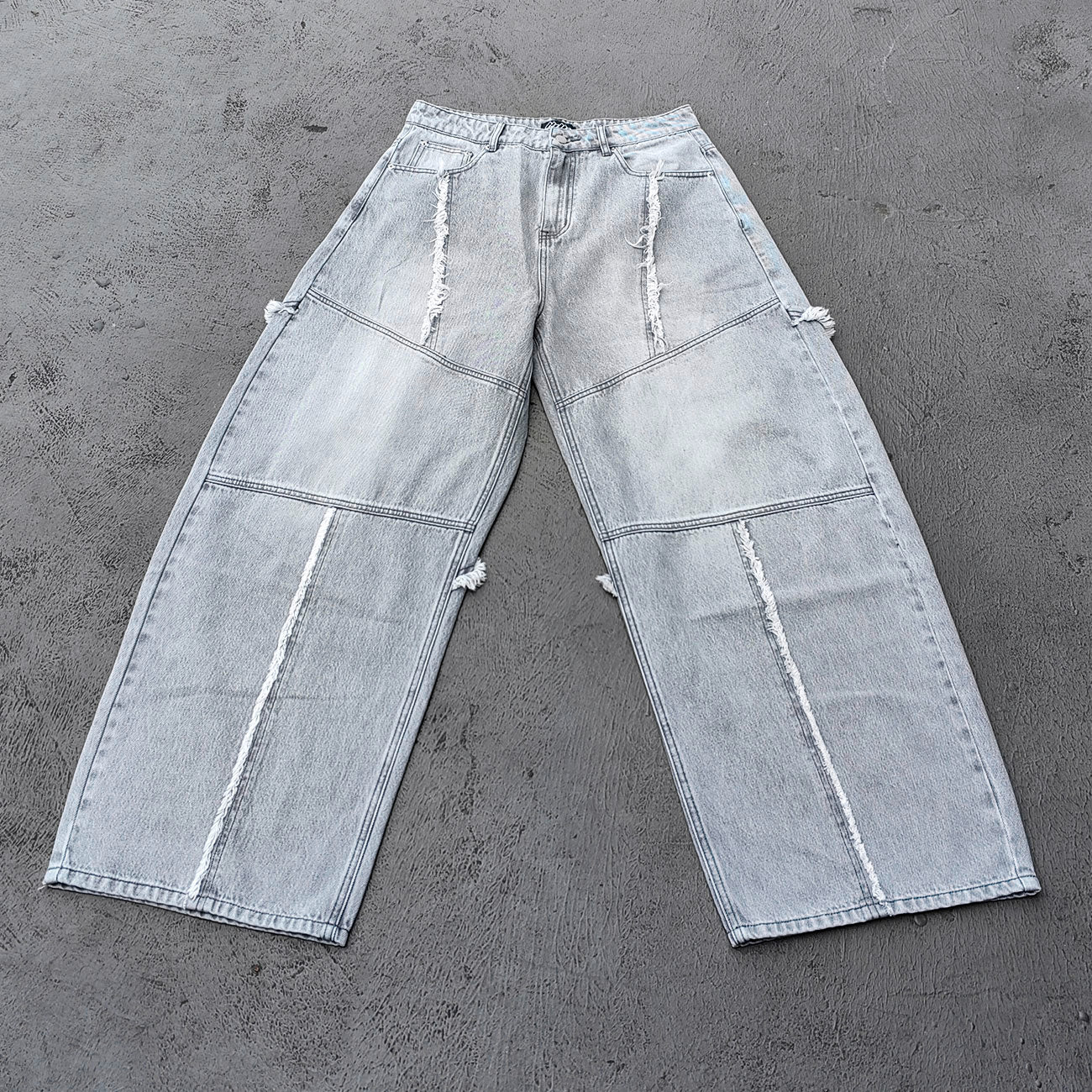 Wide Leg Jeans - Smoke Gray Acid Wash Geometric Panel Frayed Fringe Distressed Y2K Streetwear
