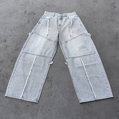 Wide Leg Jeans - Smoke Gray Acid Wash Geometric Panel Frayed Fringe Distressed Y2K Streetwear
