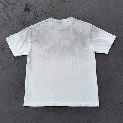 Y2K Gothic T-Shirt - White Distressed Wash HUILI HDK Print Nun Demon Collage GLORY NEVER DIES Oversized Boxy