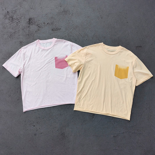 Gradient Pocket T-Shirt - Pink Yellow Raw Hem Oversized Boxy Minimalist Y2K Streetwear