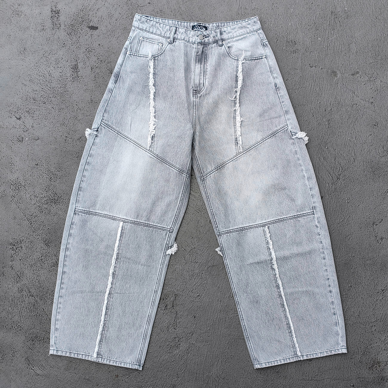 Wide Leg Jeans - Smoke Gray Acid Wash Geometric Panel Frayed Fringe Distressed Y2K Streetwear