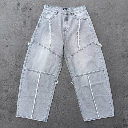 Wide Leg Jeans - Smoke Gray Acid Wash Geometric Panel Frayed Fringe Distressed Y2K Streetwear
