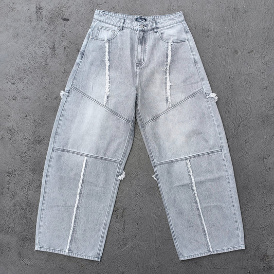 Wide Leg Jeans - Smoke Gray Acid Wash Geometric Panel Frayed Fringe Distressed Y2K Streetwear