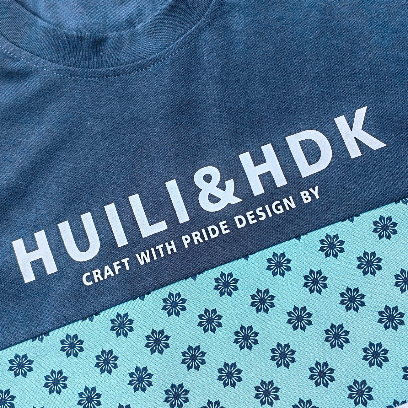 Y2K Panel Tee - Navy Blue Light Blue Floral White Color Block HUILI HDK Print Oversized