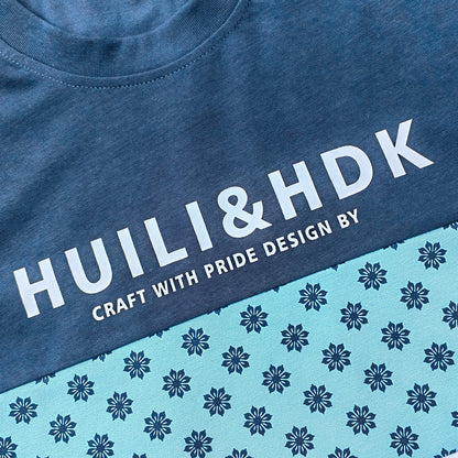 Y2K Panel Tee - Navy Blue Light Blue Floral White Color Block HUILI HDK Print Oversized