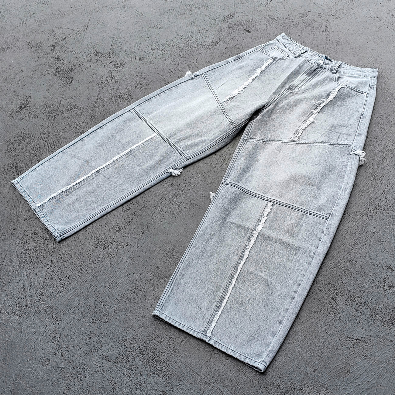Wide Leg Jeans - Smoke Gray Acid Wash Geometric Panel Frayed Fringe Distressed Y2K Streetwear