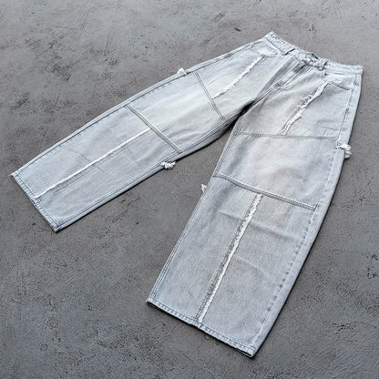 Wide Leg Jeans - Smoke Gray Acid Wash Geometric Panel Frayed Fringe Distressed Y2K Streetwear