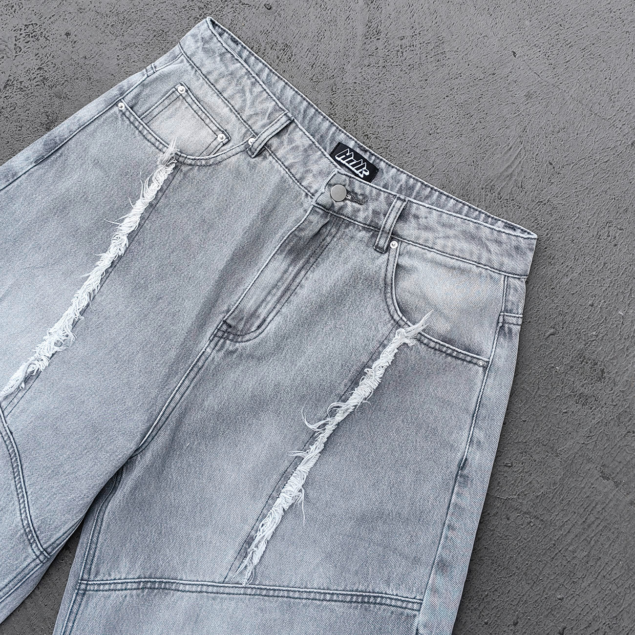 Wide Leg Jeans - Smoke Gray Acid Wash Geometric Panel Frayed Fringe Distressed Y2K Streetwear