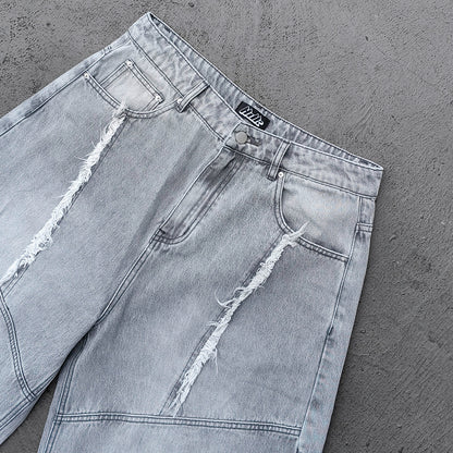 Wide Leg Jeans - Smoke Gray Acid Wash Geometric Panel Frayed Fringe Distressed Y2K Streetwear