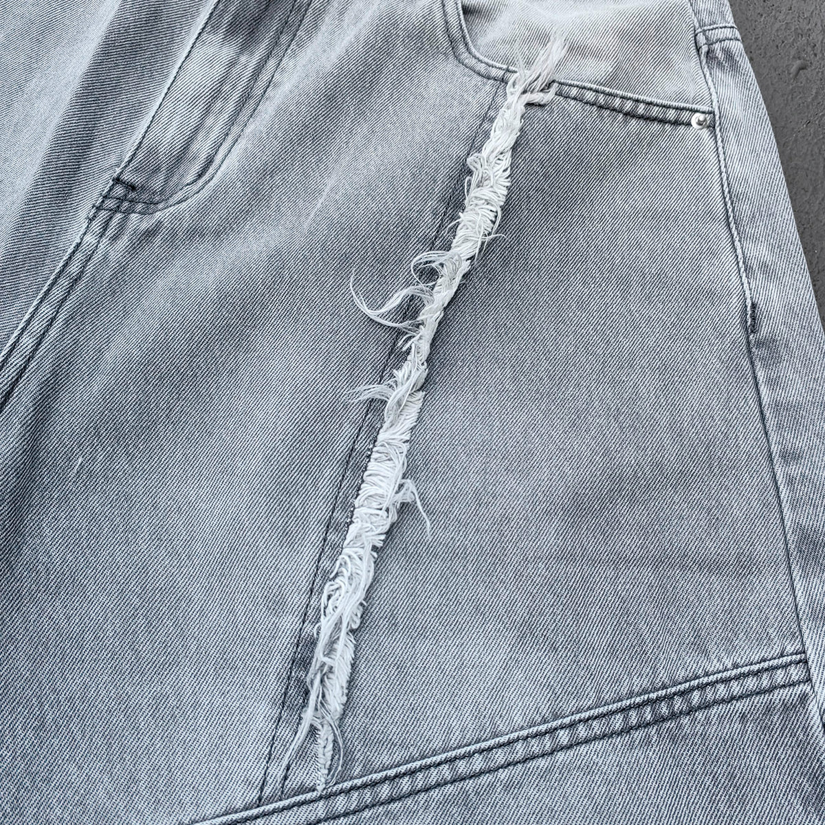 Wide Leg Jeans - Smoke Gray Acid Wash Geometric Panel Frayed Fringe Distressed Y2K Streetwear