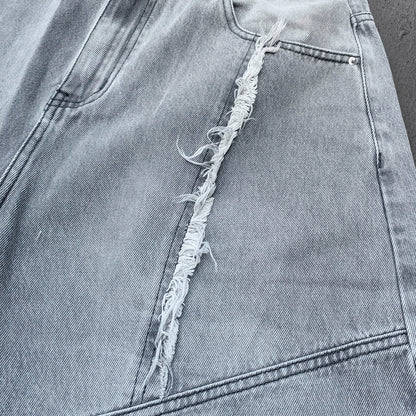 Wide Leg Jeans - Smoke Gray Acid Wash Geometric Panel Frayed Fringe Distressed Y2K Streetwear
