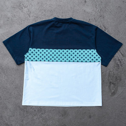 Y2K Panel Tee - Navy Blue Light Blue Floral White Color Block HUILI HDK Print Oversized