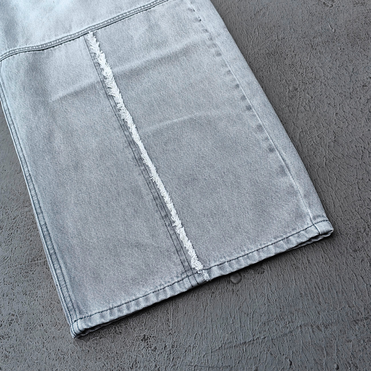 Wide Leg Jeans - Smoke Gray Acid Wash Geometric Panel Frayed Fringe Distressed Y2K Streetwear