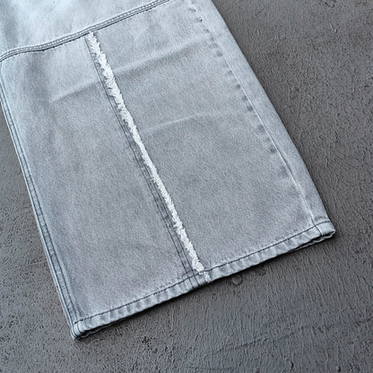 Wide Leg Jeans - Smoke Gray Acid Wash Geometric Panel Frayed Fringe Distressed Y2K Streetwear