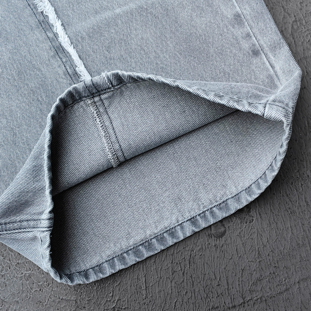 Wide Leg Jeans - Smoke Gray Acid Wash Geometric Panel Frayed Fringe Distressed Y2K Streetwear