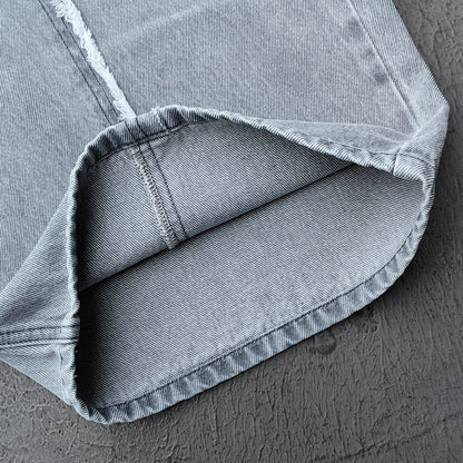 Wide Leg Jeans - Smoke Gray Acid Wash Geometric Panel Frayed Fringe Distressed Y2K Streetwear