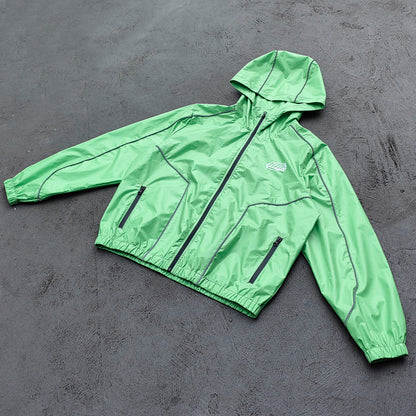 Reflective Piping Windbreaker - Neon Green Hooded Full Zip HDK Logo Y2K Streetwear